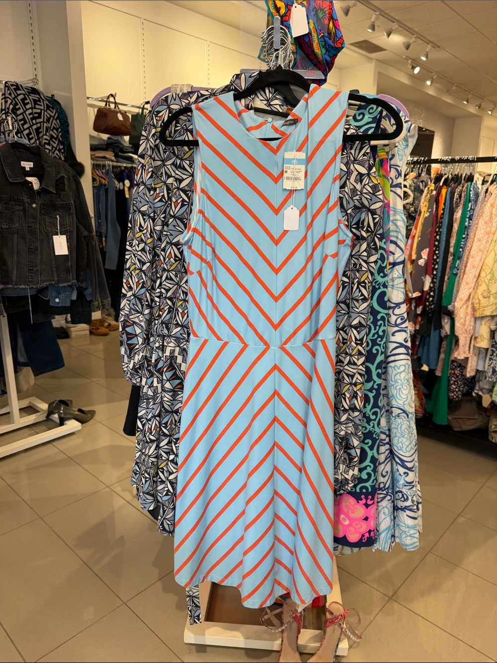 Sleeveless Blue & Orange Striped Midi Dress